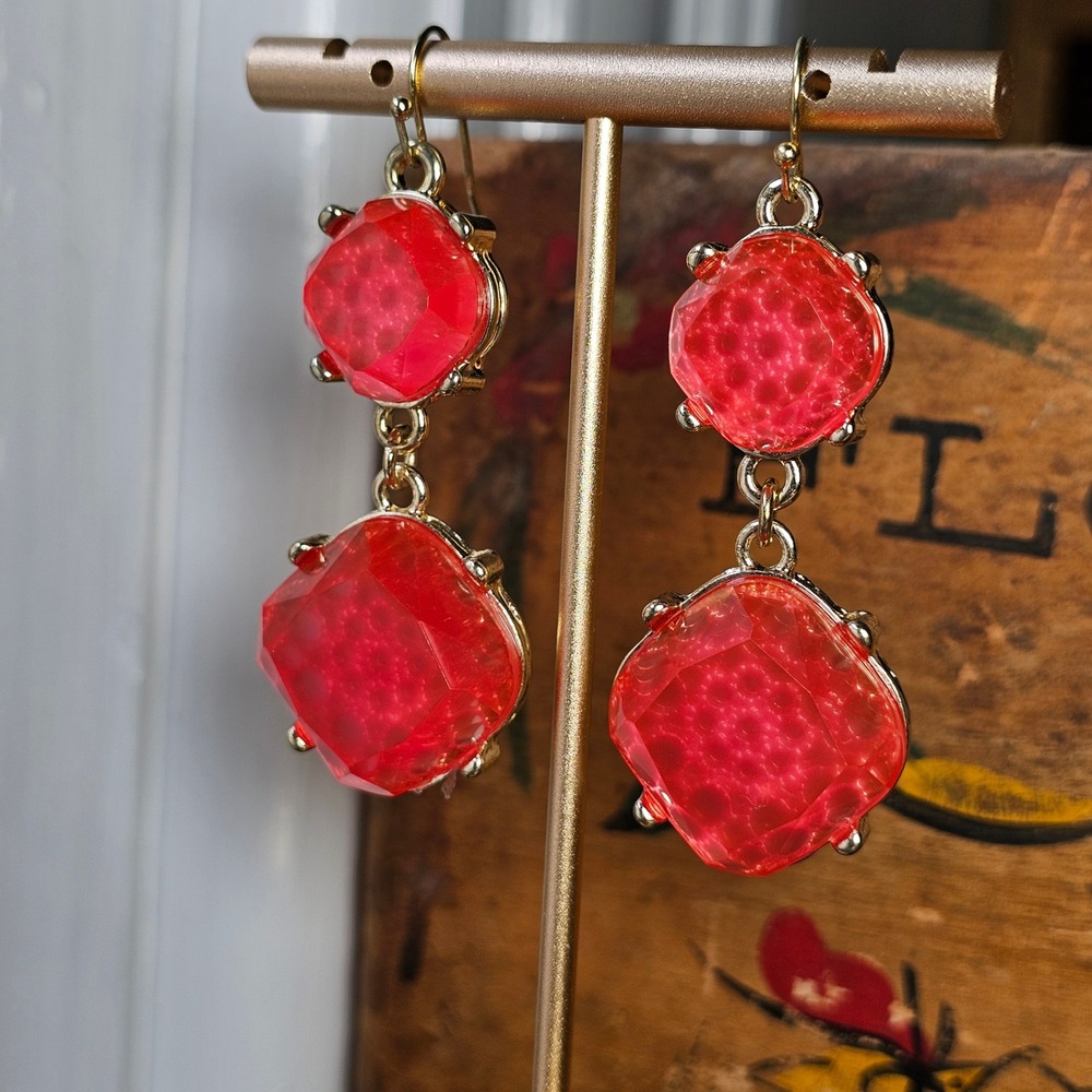 Strawberry Double Drop Faux Gemstone Earrings Women OS Gold Tone Dangle